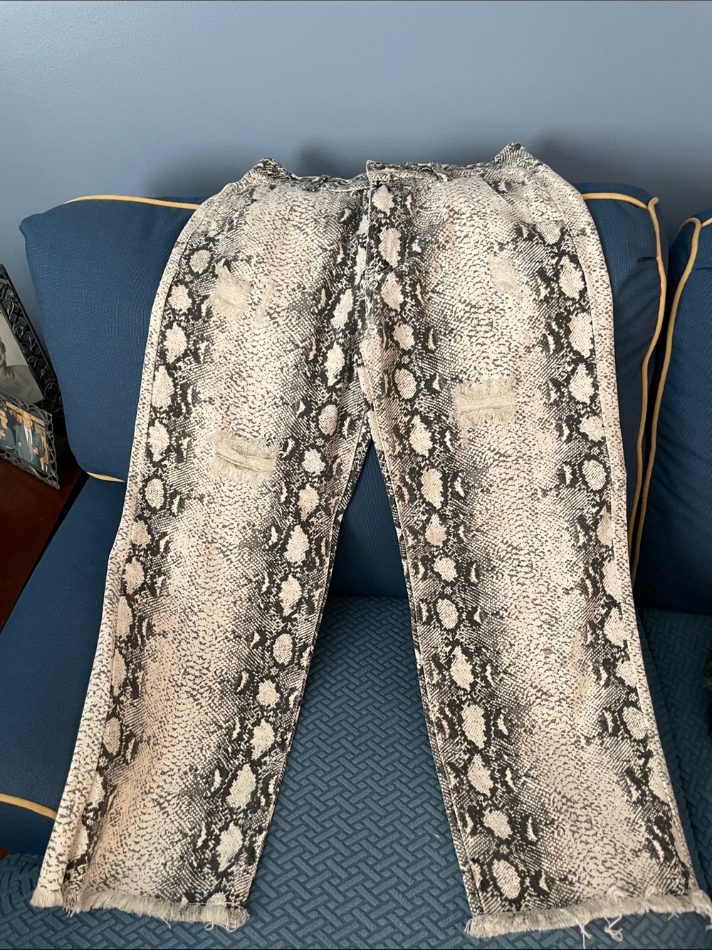 POL Snake-Print Wide Leg Jeans in Cream and Black